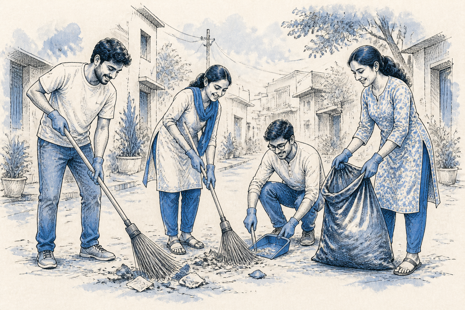 Community volunteers cleaning a neighborhood street