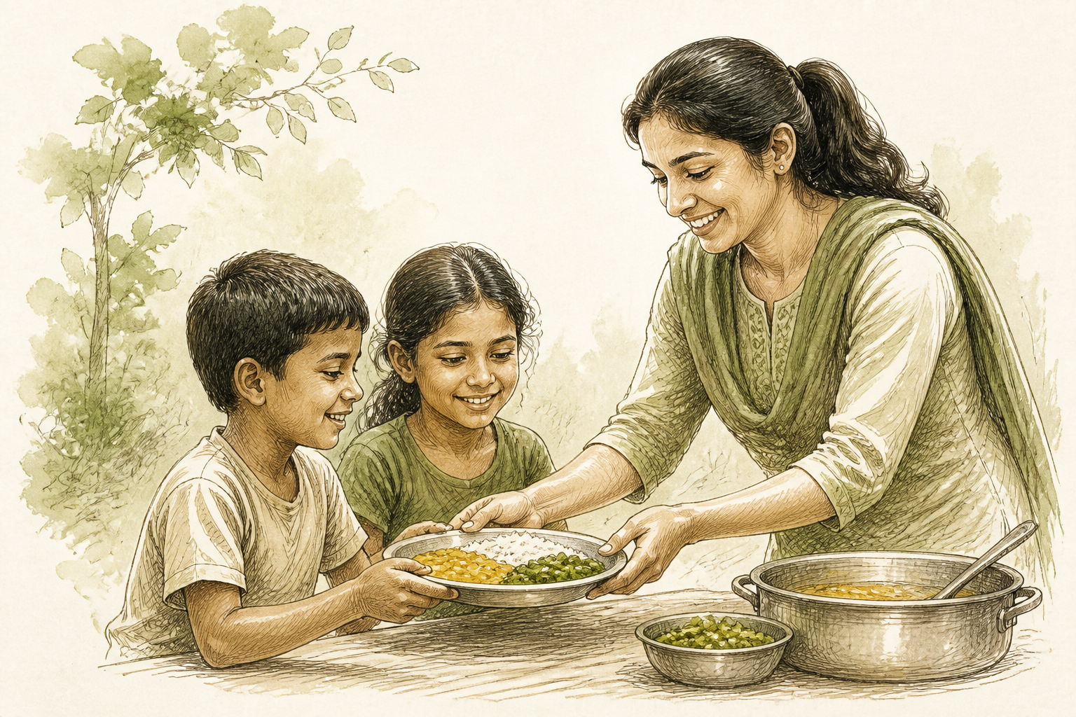 A volunteer serving a meal to two children