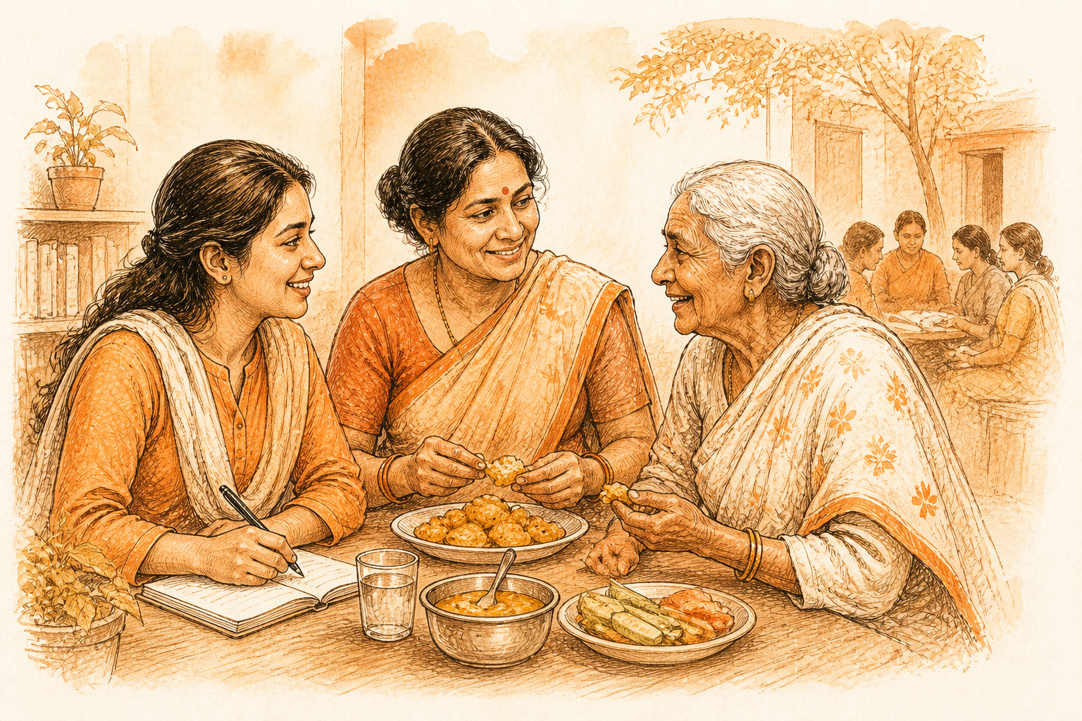 Three generations of women sharing food and conversation